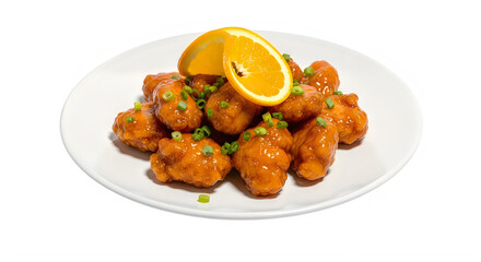 Fototapeta premium Crispy orange chicken on white plate isolated on transparent background