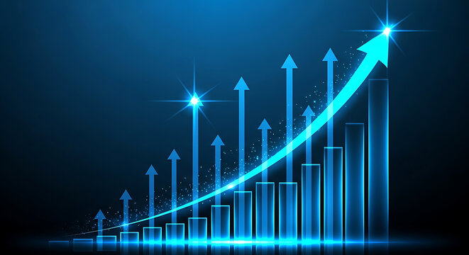 Futuristic blue bar graph with upward arrow showing growth and success, digital data visualization with glowing lights and particles, stock market