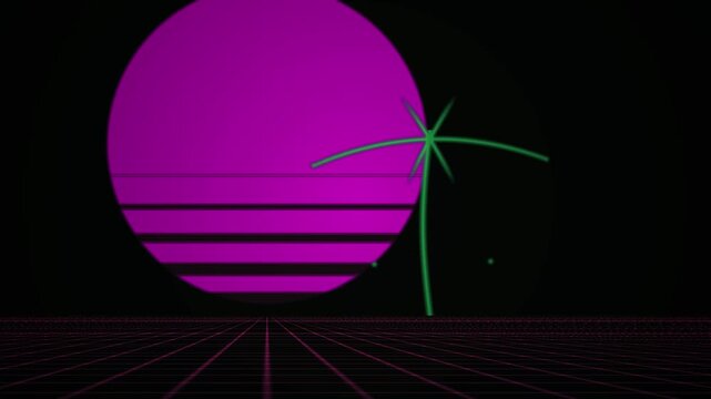 A vibrant digital illustration of a purple sun with green abstract lines on an abstrak backround with a futuristic feel.