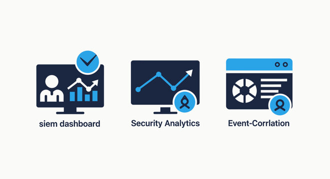 Set of siem dashboard and security analytics icons showing event correlation and data monitoring for cybersecurity operations centers and threat detection systems in a clean professional vector style