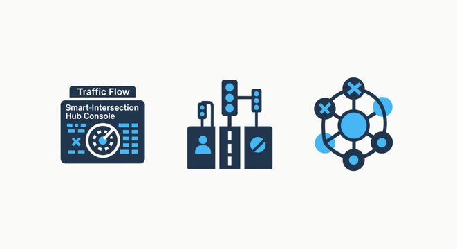Smart traffic flow monitoring and infrastructure network management icons featuring traffic lights, data hubs, and connected road logistics diagrams for urban planning and city sensor technology syste