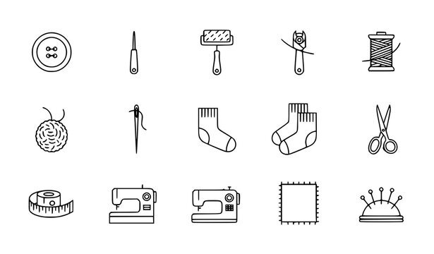 Sewing and tailoring icon pack in rounded square style for mobile UI with thread tools and fashion elements