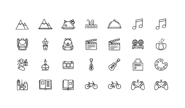 Hobbies lifestyle icon pack in rounded square style with travel music and activity elements for mobile UI design