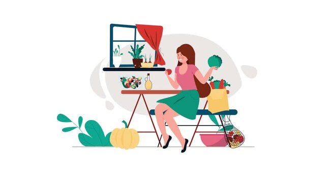 Animated woman cooking with fresh vegetables in cozy home kitchen