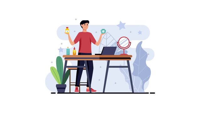 Man holding skincare products at vanity in flat vector animation
