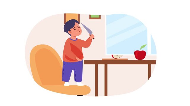 Animated boy reaching for knife near apple on kitchen table at home