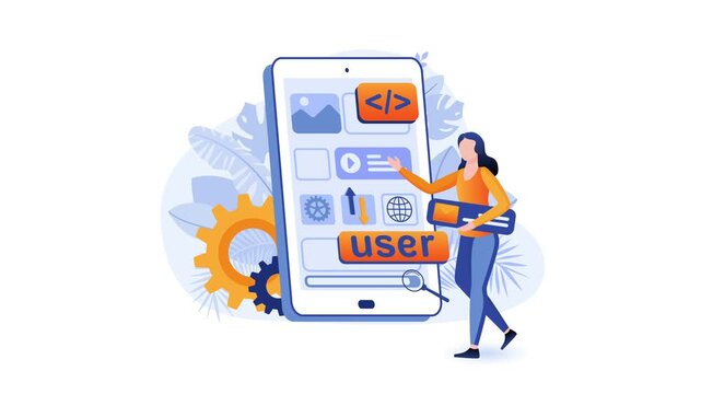 Animated woman presenting mobile app interface with code and settings