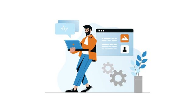 Software developer coding beside app interface in flat animation