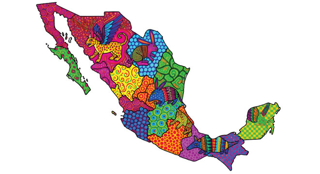 Mexican map vector illustration with alebrije folk art patterns, colorful Mexico silhouette with traditional spirit animals and floral designs