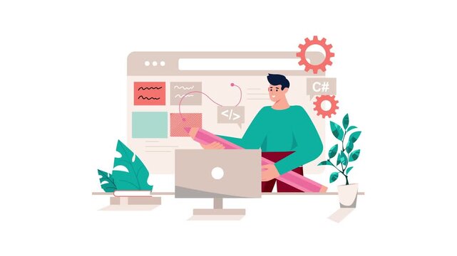 Animated web developer coding at laptop with UI design elements