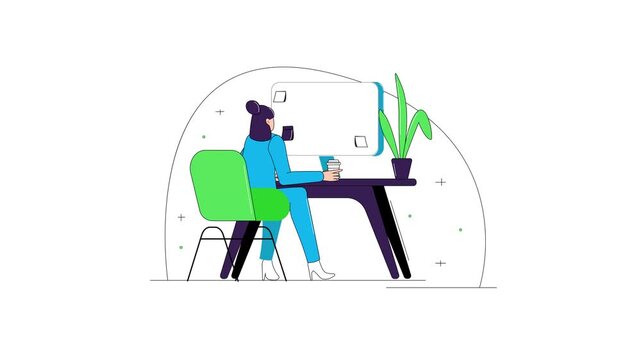 Animated woman working on digital project with puzzle icons at desk