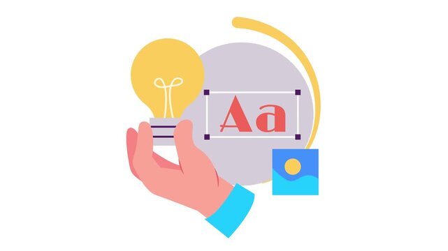 Flat vector illustration of hand holding light bulb and typography tools