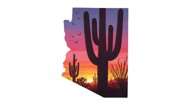 Arizona state map silhouette with desert sunset landscape, saguaro cactus silhouette at dusk, southwest wilderness vector illustration