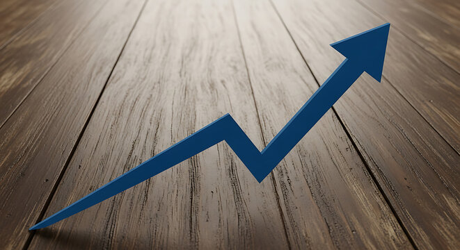 Blue arrow graph showing upward trend on wooden table background, representing growth, success, finance, and economy concepts, with copy space