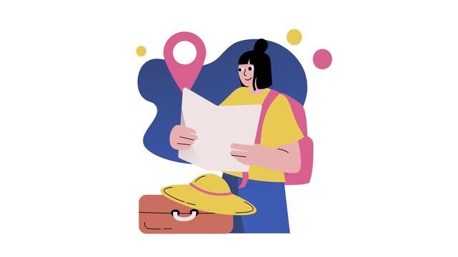Woman traveler reading map with location pin, suitcase and hat illustration