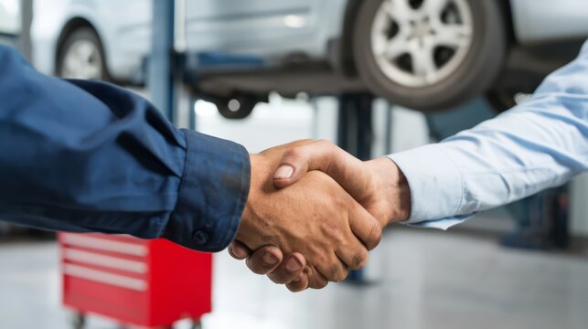 Handshake between a mechanic and a businessman in a mechanic car workshop. Concept of car repair deal.
