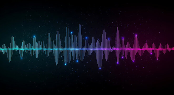 Abstract colorful equalizer waveform with glowing neon lights and particles, representing sound, music, audio technology, and digital data, sound wave