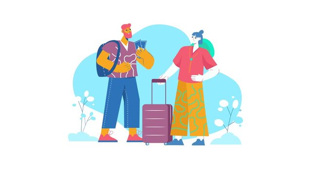 Two travelers with luggage talking in flat vector travel animation