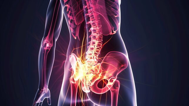 Medical illustration of Sciatica, a common painful condition caused by irritation or compression of the sciatic nerve, the longest nerve in the body. It typically presents with sharp, radiating pain, 