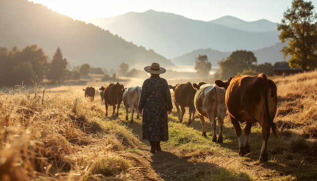 Farmer leads herd of cattle across a sunlit field towards distant mountains