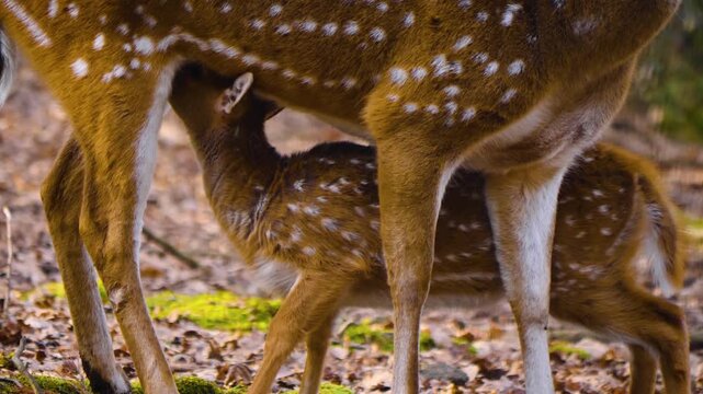 Close up of an axis deer fawn standing in the forest with his mother on a sunny autumn day and drinking from her udder