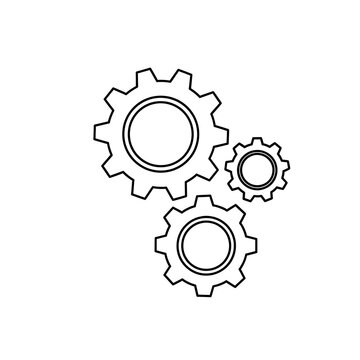 Three gears icon, mechanical engineering concept, teamwork and collaboration, industrial mechanism, outline graphic, simple vector illustration