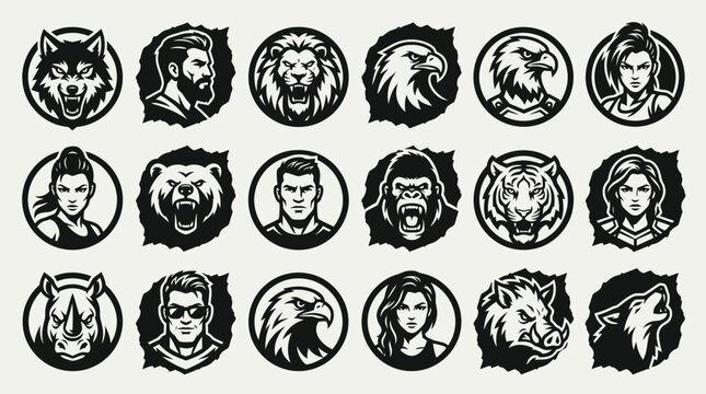 Black and white animal heads icons.