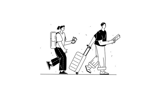 Travelers with luggage and tickets walking to airplane animation
