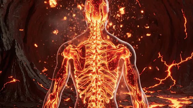 Flaming human nervous system illustration glowing against volcanic lava cavern background, mental health awareness metaphor, psychology education visualization concept