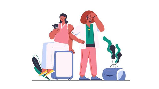 Two travelers with luggage and passports in flat vector animation
