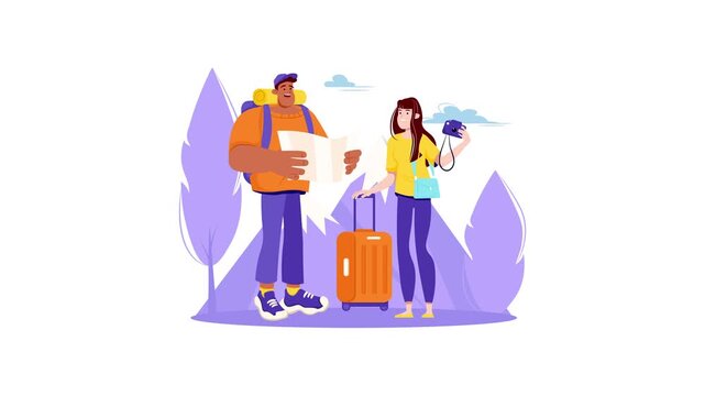 Cartoon travelers with map and camera by suitcase in mountain landscape