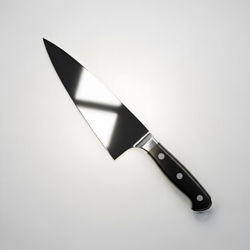 Professional stainless steel chef knife with a sharp metallic blade and black handle isolated on a white background for kitchen cooking and butcher equipment