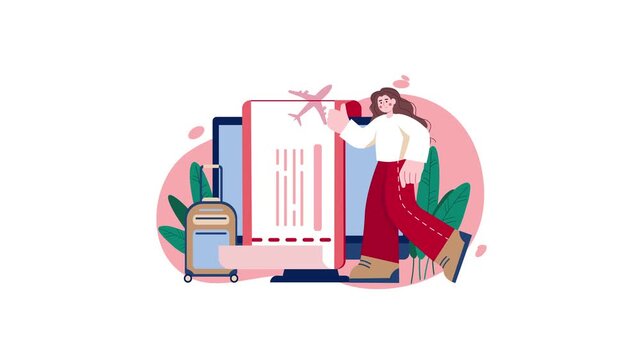 Animated travel booking illustration with woman, suitcase and plane ticket