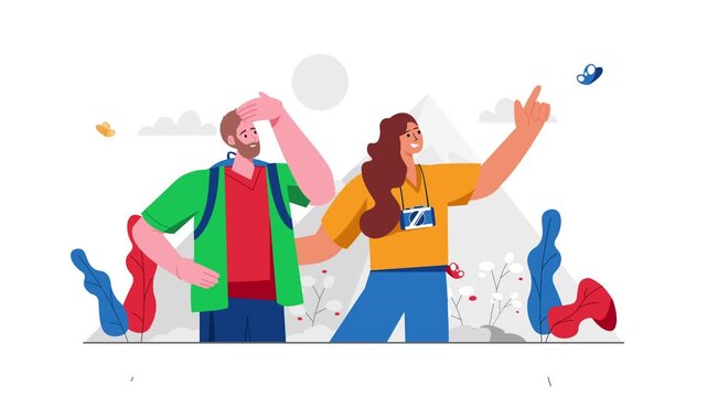 Animated travel couple with camera and backpack in mountain landscape