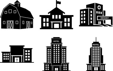 Fototapeta premium Collection of various building types including hotel, Hospital, School, Barn and office buildings in black and white