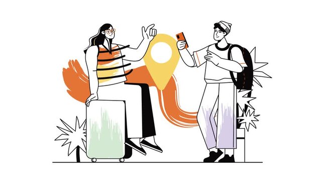 Travel planning animation with young couple, suitcase and location pin