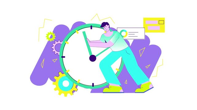 Business person pushing giant clock with gears and charts illustration