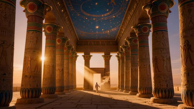 Priestess walks through majestic Hathor temple colonnade with goddess face columns, cosmic starry sky and glowing doorway. Epic cinematic Egyptian mythology and fantasy scene.