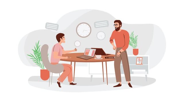 Business meeting animation with two men discussing ideas in modern office