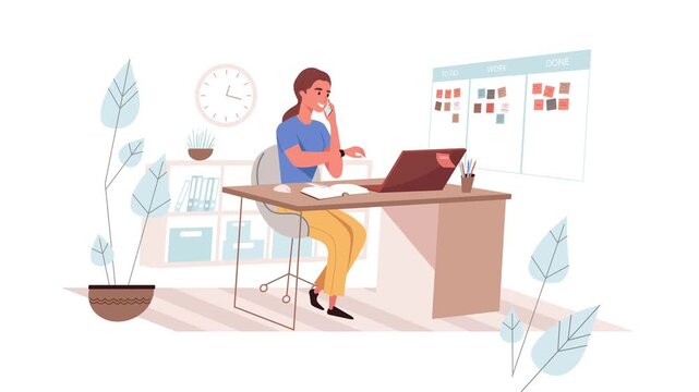 Woman working at desk on phone with laptop and task board illustration