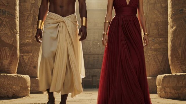 Egyptian pharaoh and queen standing between massive hieroglyphic columns in golden sunlit temple hall. Cinematic royal couple portrait for history and mythology projects.