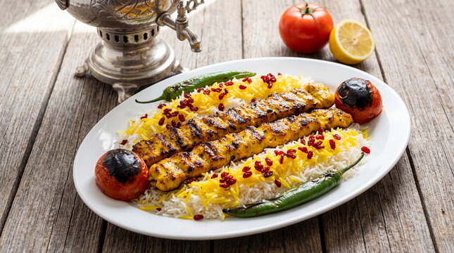 Grilled chicken skewers on a plate with rice and vegetables on a wooden table with a samovar
