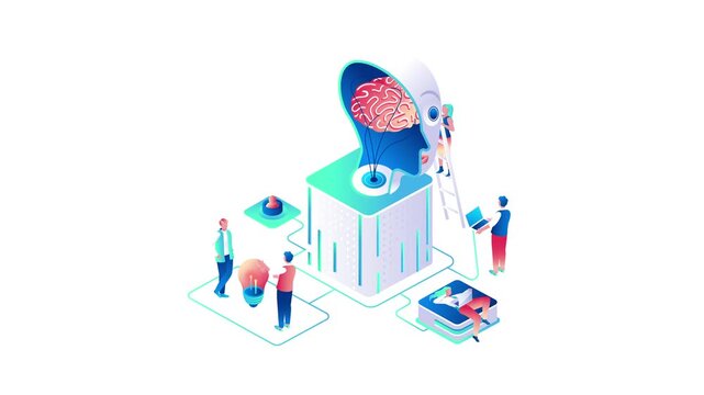 Animated isometric artificial intelligence brain with team collaboration