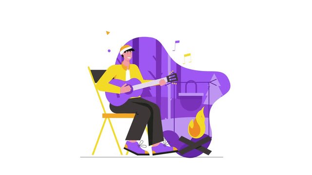 Animated man playing guitar by campfire in cozy outdoor campsite scene