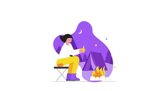Woman camping by campfire at night with tent in flat vector animation