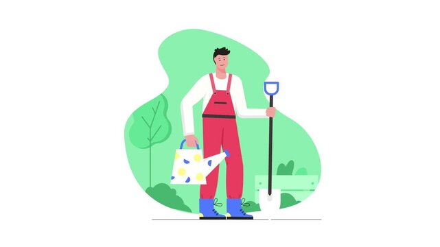 Gardener holding shovel and watering can in park flat animation illustration