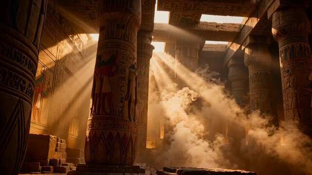Dramatic sunbeams pierce through ancient Egyptian temple with colorful painted gods columns and mystical smoke. Epic cinematic interior for history and mythology projects.