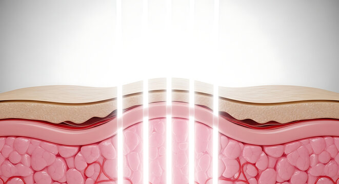 Close-up cross-section of human skin layers with glowing beams indicating cosmetic treatment or analysis