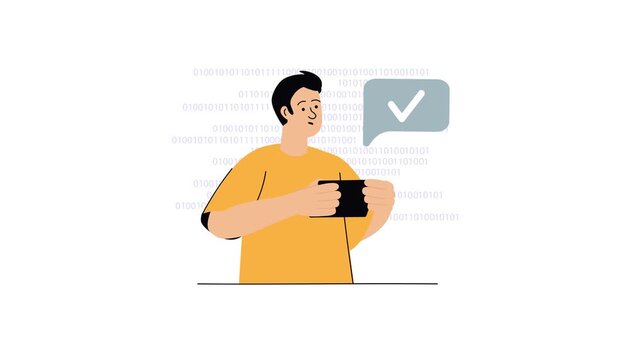 Animated man holding smartphone with verification check and binary code