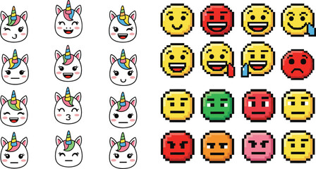 Cute unicorn emoji and pixel smiley face vector set featuring colorful expressions in cartoon and retro 8 bit style illustration © Jahangir